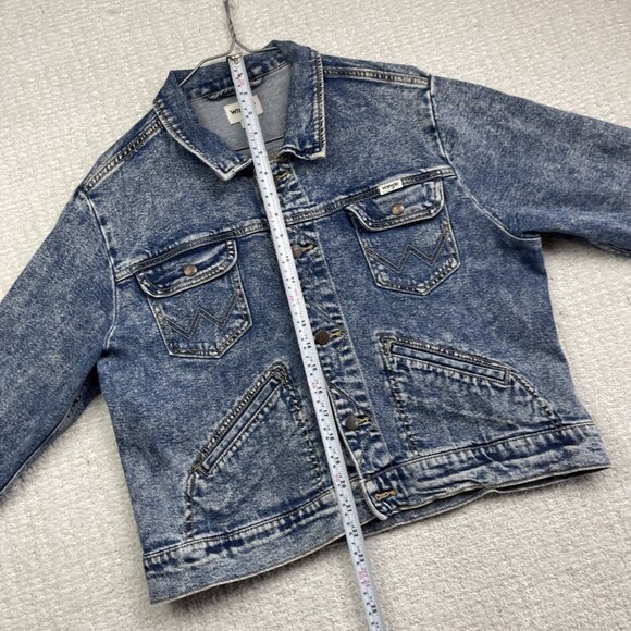 Y2K Wrangler Blue Denim Jean Jacket Women’s XL Trucker Distressed Pockets - Picture 8 of 14